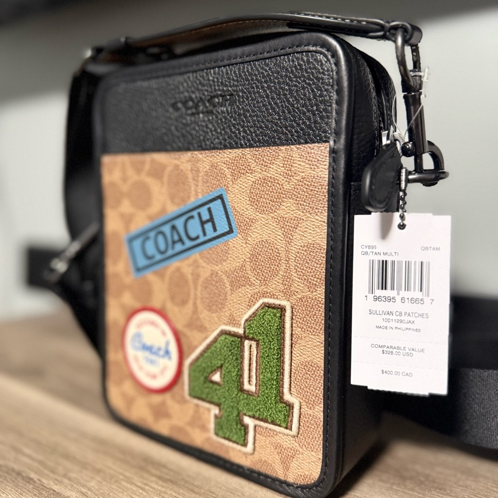 Coach Black and Tan Messenger Bag with Signature Logo